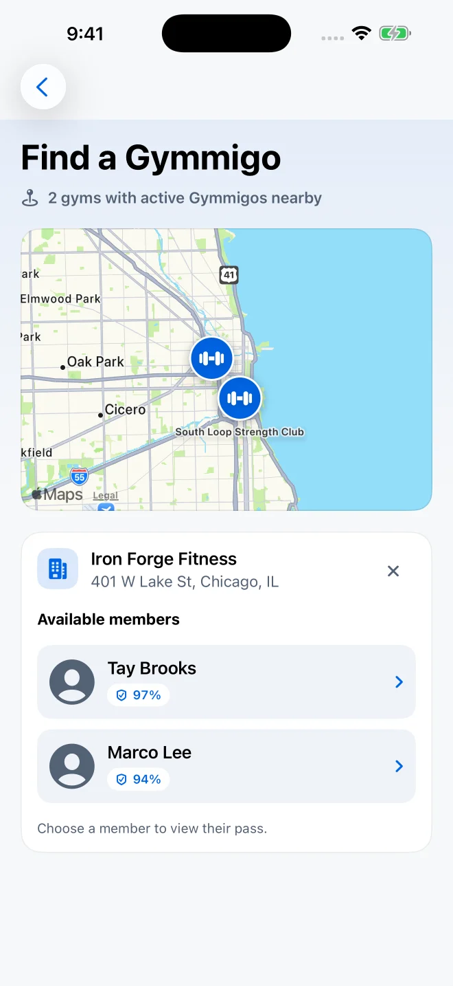 Gymmigo discovery screen showing nearby available members with sample data
