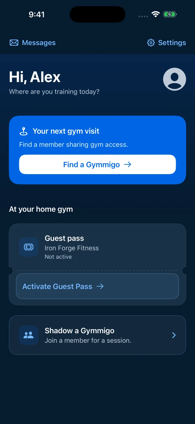 Gymmigo Home screen showing guest pass and Shadow options with sample data